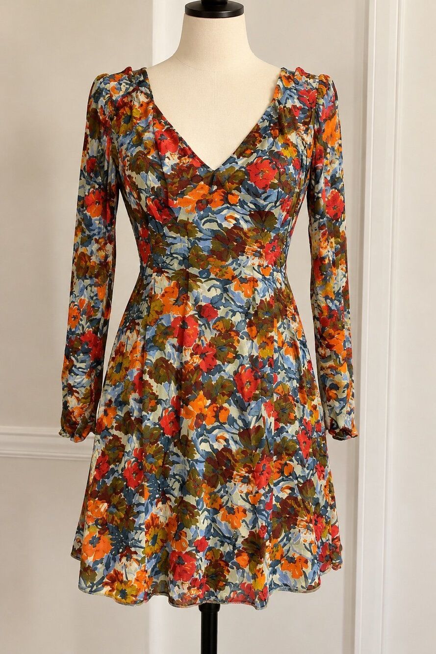 Ghost London Multicolor Floral Long Sleeve Mini Dress Size M